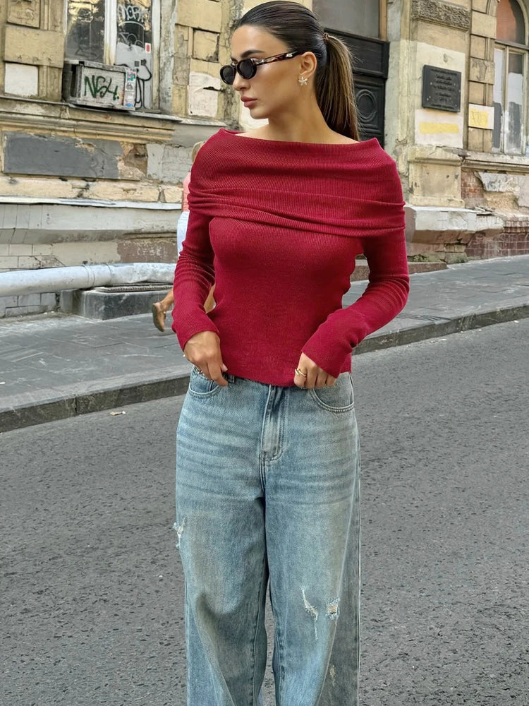 BKQU Knitted Off Shoulder T-Shirts Women Elegant Solid Long Sleeve Pullover Tops Autumn Winter Chic Ruched Ladies Slim Tees 2024