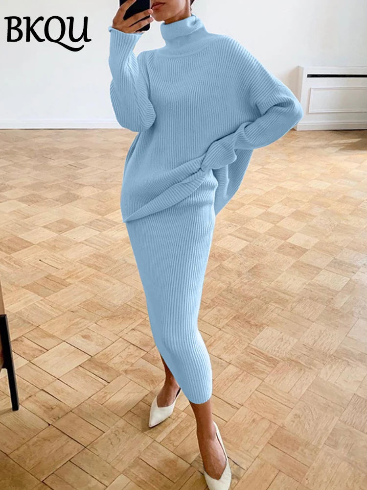 BKQU Knitted Turtleneck Sweater and Long Skirt Two-Piece Set Women Elegant Autumn Winter Knitwear Dress Outfits 2024