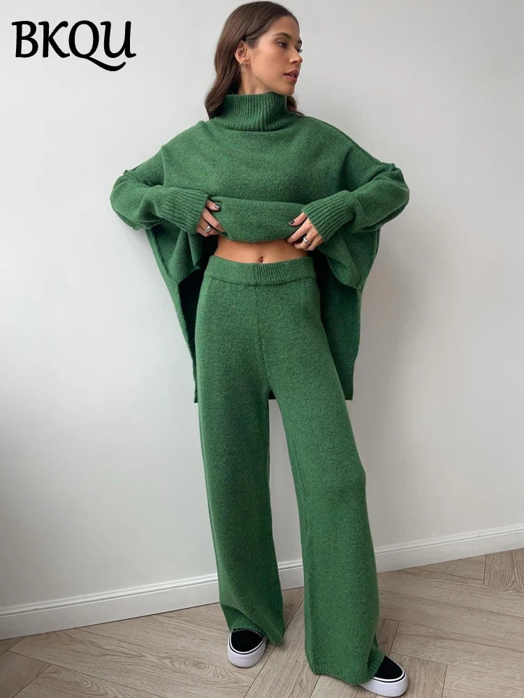 BKQU Casual Knit Two Piece Sets Women Split Turtleneck Long Sleeve Sweater Wide Legs Pants Suit Female Loose Winter Loungewear