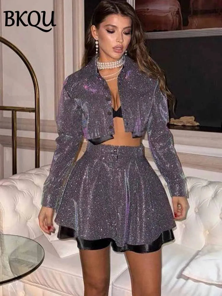BKQU Glitter Party Women Two Piece Set Long Sleeve Single Breasted Crop Jacket High Waist A-Line Mini Skirts Female Chic Outfits