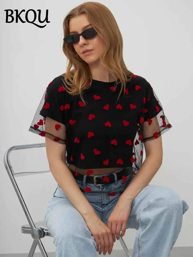 BKQU Crop Tops Women Heart Mesh Patchwork Fake Two Piece T-Shirt 2025 Summer Casual Y2k O-Neck Short Sleeve Tees Chic Streetwear