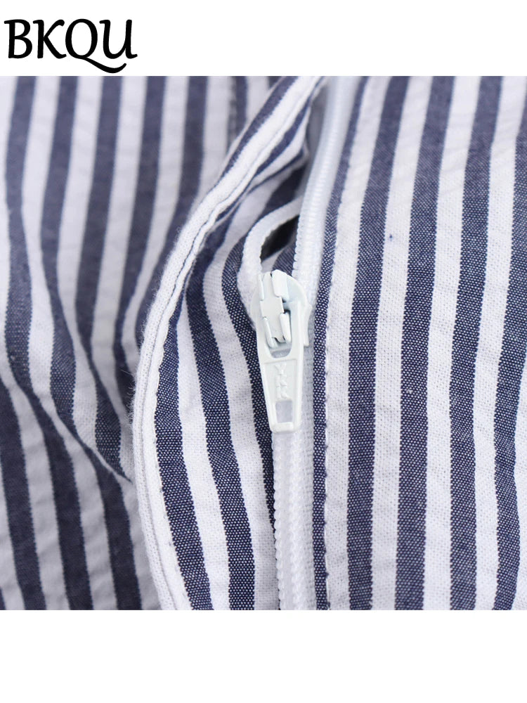 BKQU With Belt Fashion Striped Shorts Skirts Women Summer High Waist A-Line Casual Shorts Streetwear All-match Blue Skirts Pants