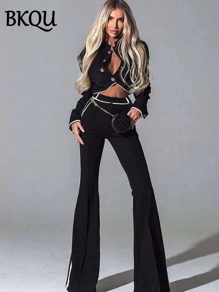 BKQU Fashion Metal Button Crop Jacket Patchwork High Waist Flare Pants Two Piece Set Women 2025 Temperament Elegant Party Outfit