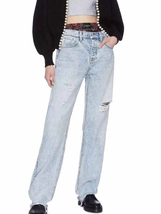 BKQU Ripped Straight Jeans Women American Vintage Print Spliced High Waist Denim Wide Leg Pants Hip Hop Y2k Wild Streetwear 2025