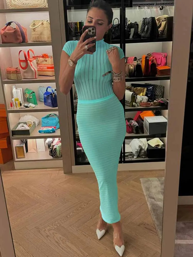 BKQU Sexy 2 Piece Women See Through Outfits Elegant Stripe High Neck Bodysuit Top+Hip Package Maxi Skirt Temperament Party Suits