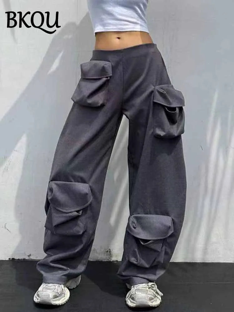 BKQU Multi Pockets Cargo Pants Women Gray Baggy Sweatpants 2025 Streetwear Fashion Low Waist Oversized Joggers Straight Trousers