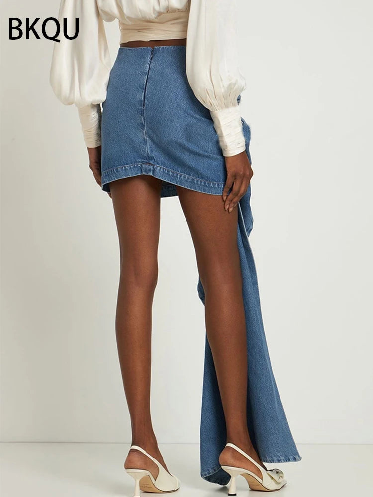 BKQU 2024 Summer Denim Mini Skirts Y2K Aesthetic 3D Flowers Design High Waist Micro Skirts Skinny Wrap Jeans Penceil Skirt Women