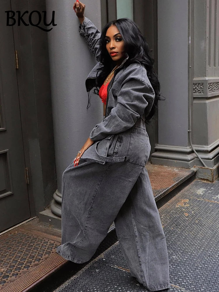 BKQU Fashion Denim Women's Sets Ruched Long Sleeve Zipper Jacket Patchwork Big Pocket Wide Leg Jeans Pants Two Piece Set Hip Hop