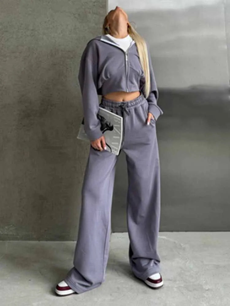 BKQU Casual Hoodies Tracksuit Women Pants 2 Piece Set Long Sleeve Zipper Sweatshirt Loose Drawstring Jogger Trouser Sports Suit