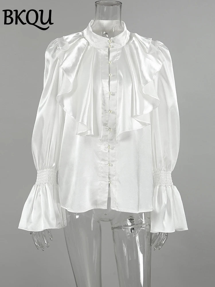 BKQU Satin Woman Ruffles Shirts Elegant Flare Long Sleeves Stand Collar Beading Loose Blouse Office Lady Casual Shirts Tops 2024