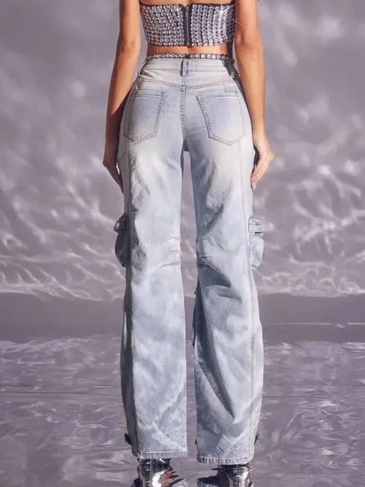 BKQU Unique Diamonds Hollow Out Straight Jeans Women Multi Pocket Cargo Pants Elegant Shiny Rhinestone Wide Leg Denim Trousers