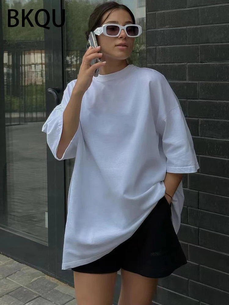 BKQU Letter Printed Loose T shirts Women 2024 High Street Graphic Short Sleeve Pullovers Tops Casual O-neck Kawaii Female Tees