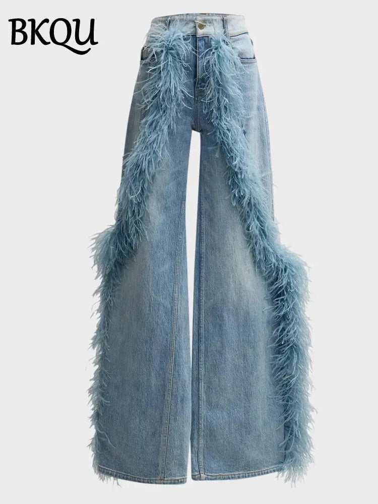 BKQU Feather Spliced Washed Jeans Women Baggy Wide Leg Denim Pants Y2K High Waist Fashion Streetwear 2025 Straight Jean Trousers
