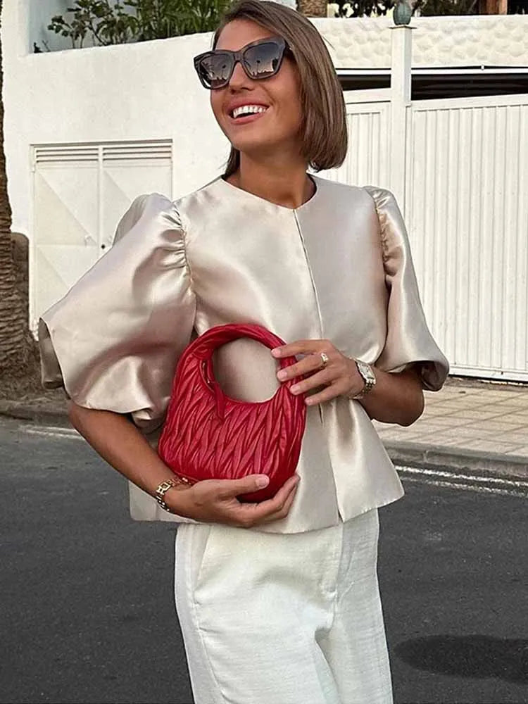 BKQU Elegant Satin Puffy Short Sleeve Shirts Women Solid Loose O-neck Single Breasted Blouses Female 2025 Chic Streetwear Tops