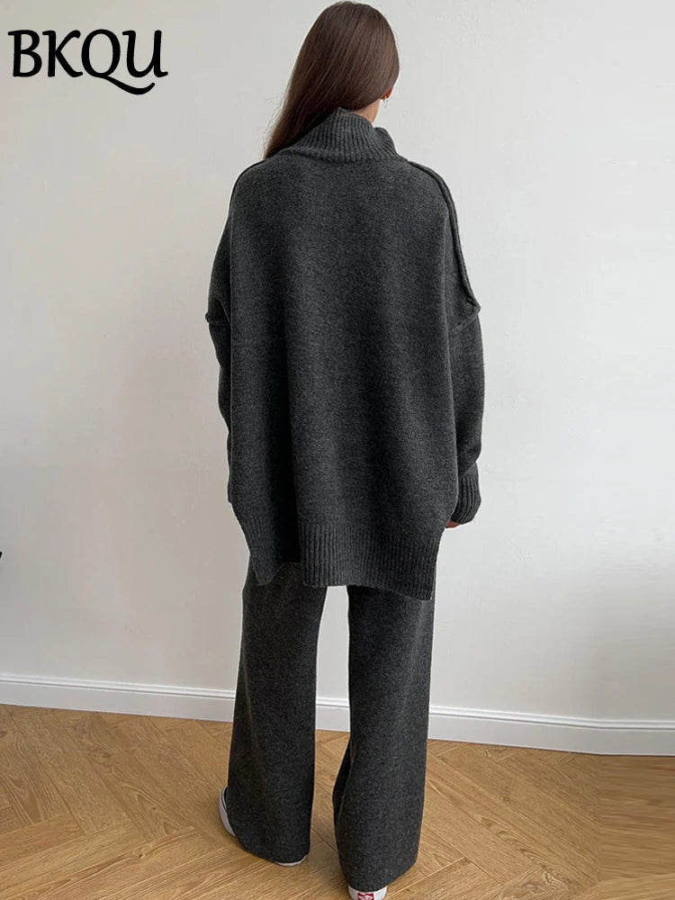 BKQU Turtleneck Sweater Knitted Pants Suits Women Autumn Winter Loose Casual Split Top And Wide Leg Trousers Warm Two Piece Set