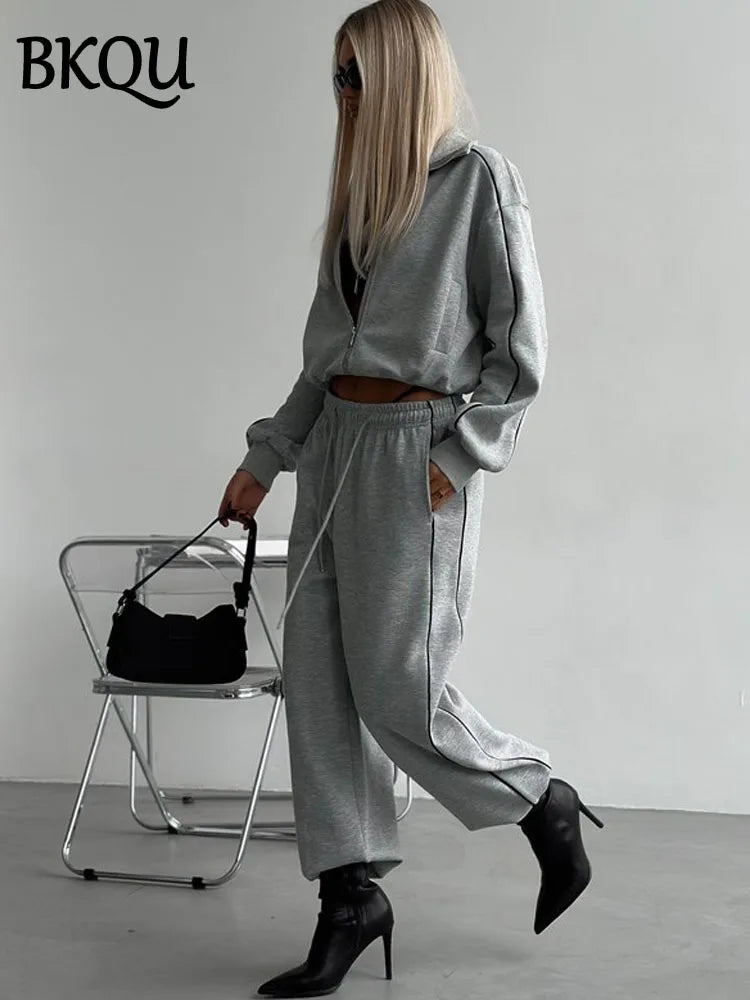 BKQU Casual Sports 2 Pieces Set Women Contrast Zipper Cardigan Jacket And Lace Up Wide Leg Pants Matching Suit Fashion Tracksuit