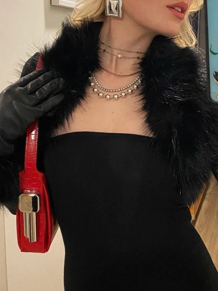 BKQU Fur Collar Crop Top with Strapless Jumpsuit Women's 2 Piece Sets Elegant Long Sleeve Short Coat Flared Pants Playsuit Suits