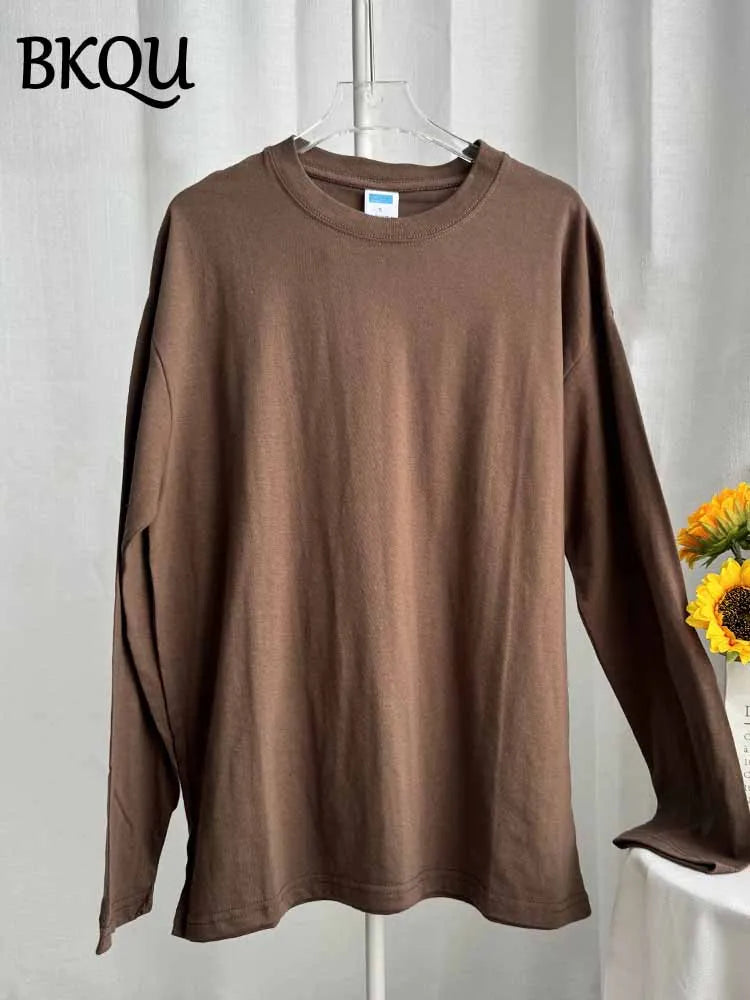 BKQU Solid Color Long Sleeve T Shirt Women Oversized Basic O-neck Cotton Tops Female Casual Soft Loose Pullover Tshirt 13 Colors