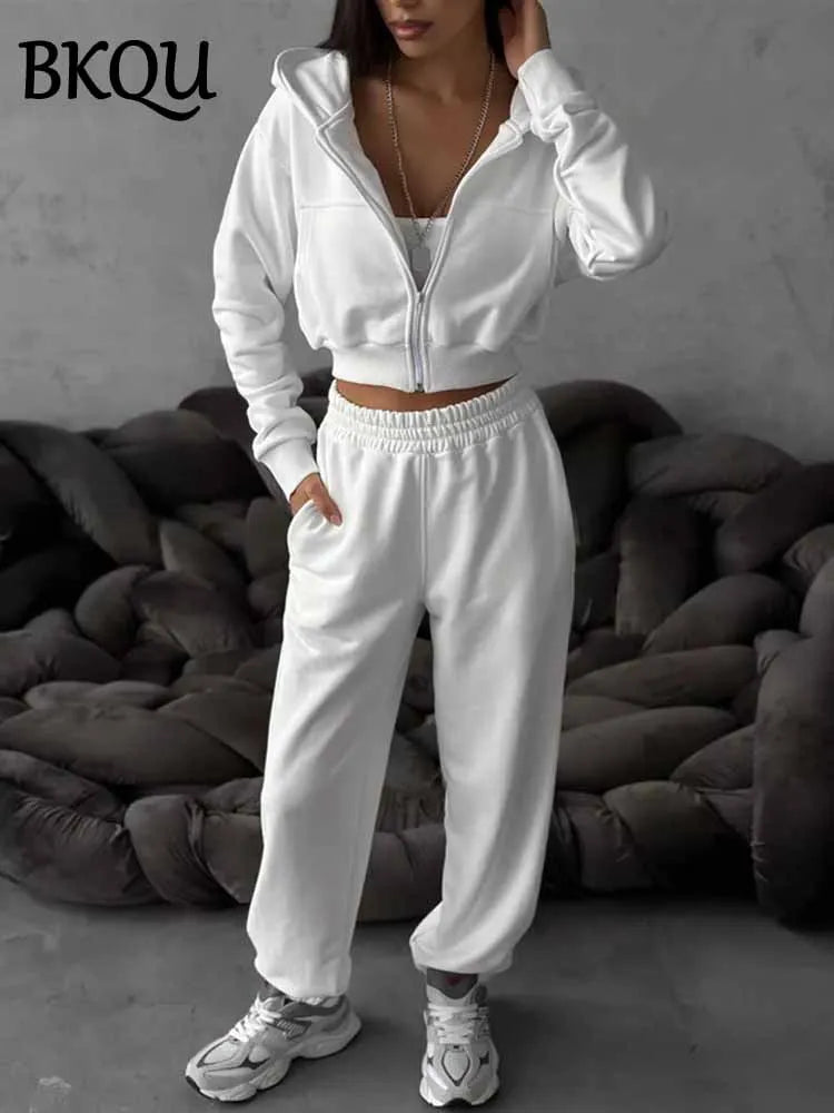 BKQU Pants 2 Piece Set Women Hoodies Tracksuit 2025 Spring Casual Zip Long Sleeve Jacket +Elastic Waist Sweatpants Matching Suit