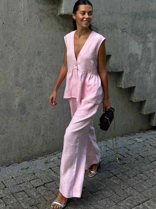 BKQU Fashion Pink Cotton Linen 2 Piece Set Women Summer V-Neck Sleeveless Tank Top High Waist Casual Wide Leg Pants Suits 2025