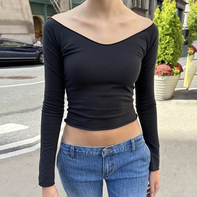 BKQU Off Shoulder Crop Tops Women Sexy Slash Neck Long Sleeve Slim T-shirt Casual Basic Y2k Clothing Autumn Black White Tees