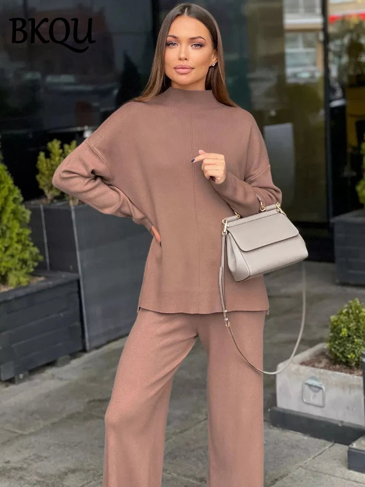 BKQU Casual Split Long Sleeve Sweater Pants Suits Women's Knitted Two Piece Sets Loose Soft Winter Female Commuting Outfits 2025
