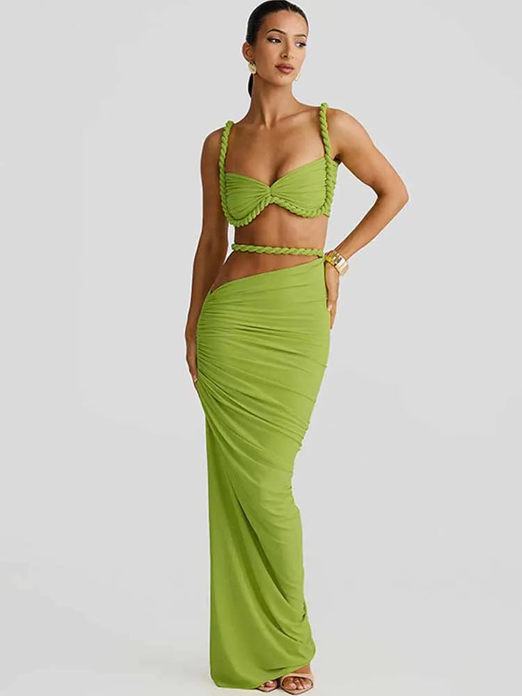 BKQU Hollow Out Sexy Women 2 Piece Set Vacation Outfit Twist Sling Bikini Crop Tops Ruched Slim Long Skirts Matching Suits 2025