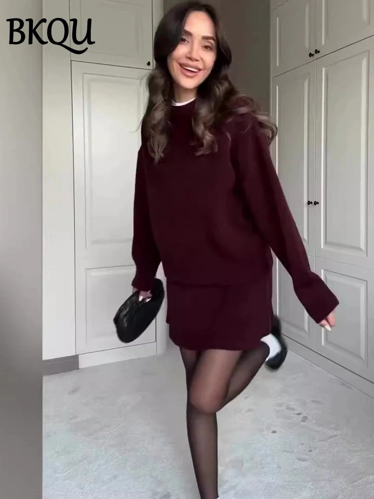 BKQU Casual Knitted Mini Skirt Sets Women 2 Pieces Wine Red Turtleneck Long Sleeve Sweater Pleated Skirts Suit Female Streetwear