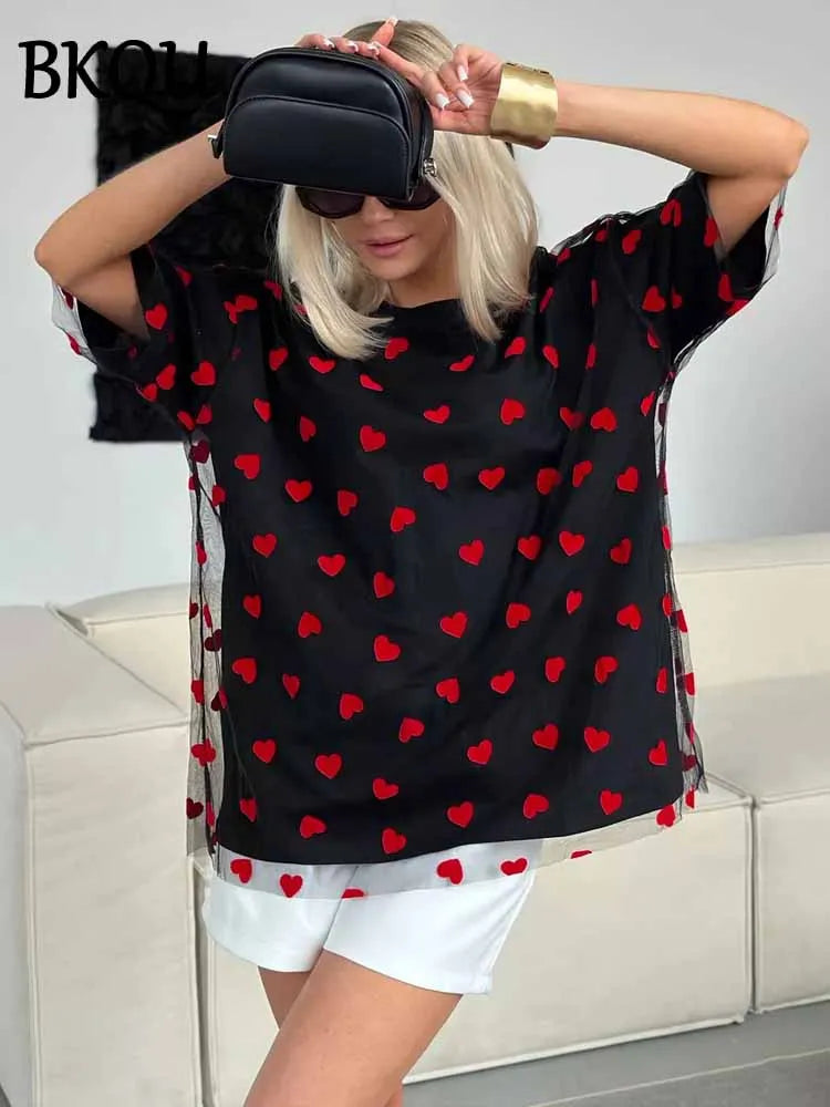 BKQU Sweet Heart Mesh Patchwork T-shirt Women Aesthetic Y2k Clothes Summer Loose Casual O-Neck Short Sleeve Tops Cotton T Shirt