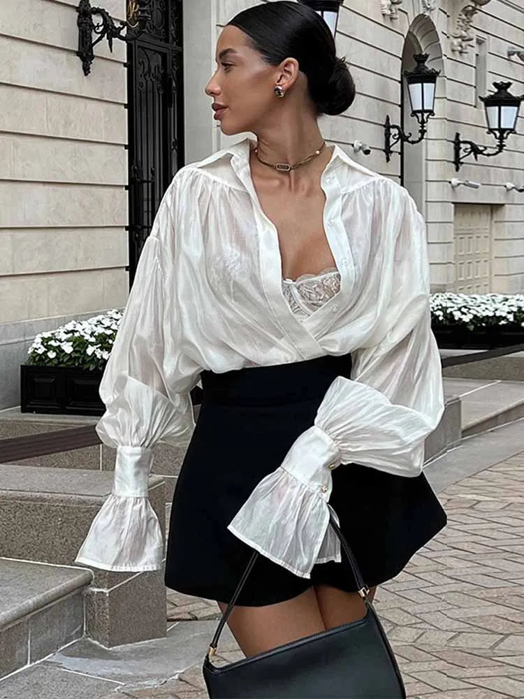 BKQU Solid Elegant See-Through Blouse Women 2025 Spring Long Sleeve Lapel Single Breasted Casual Loose Shirts Female Street Tops