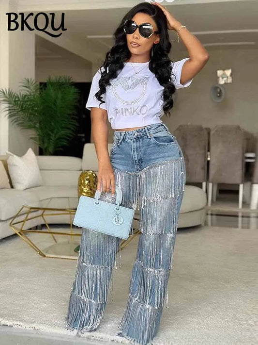 BKQU Fashion Sequined Tassel Jeans Women's 2025 New High Waist Straight Denim Pants Streetwear Hip Hop Blue Shiny Jeans Trousers