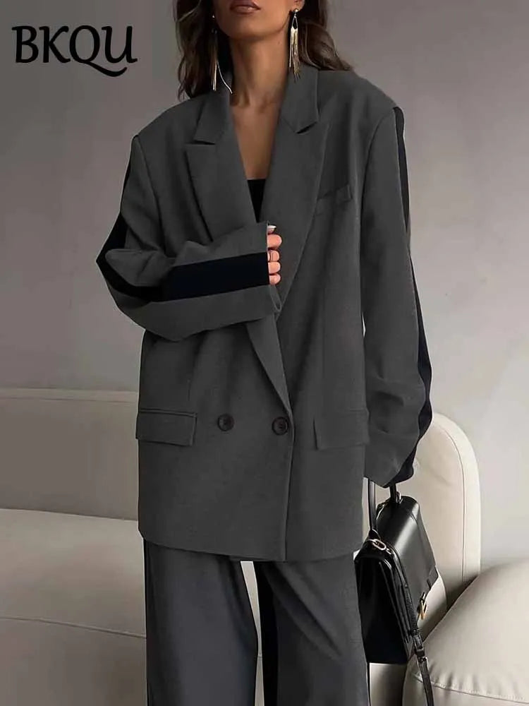 BKQU Patchwork Blazer 2 Piece Sets Women Fashion Long Sleeve Button Jacket High Waist Pocket Wide Leg Pants Office Lady Suits