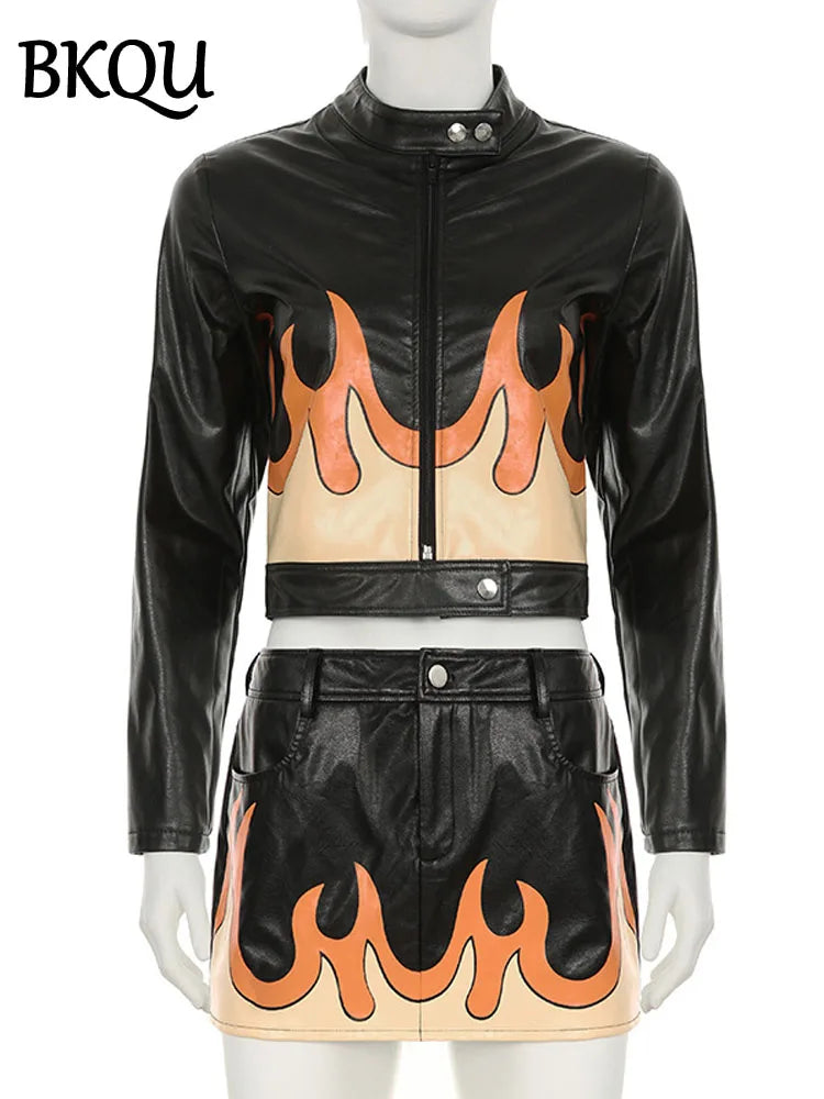 BKQU Chic Leather Two Piece Set Women Flame Printing Zip Crop Jacket Bodycon Mini Skirt Suits Female High Street Outfits Y2K