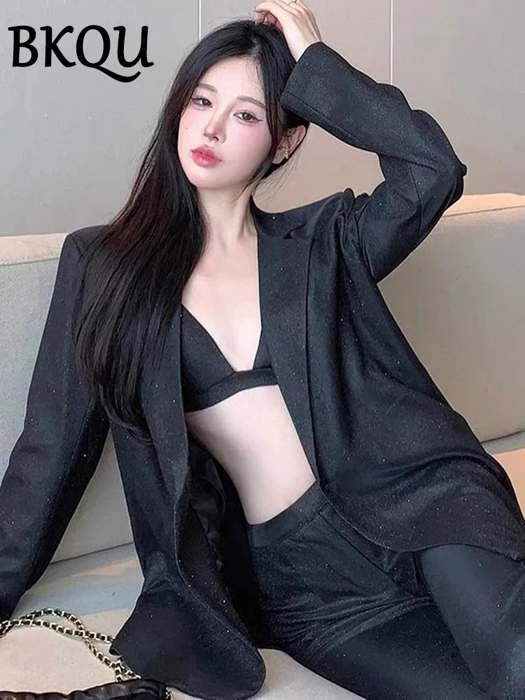 BKQU Shiny Silver Pants Set Women Party Club Blazer Two Piece Luxury Sets Femme Straight Pants and Glitter Blazers Matching Suit