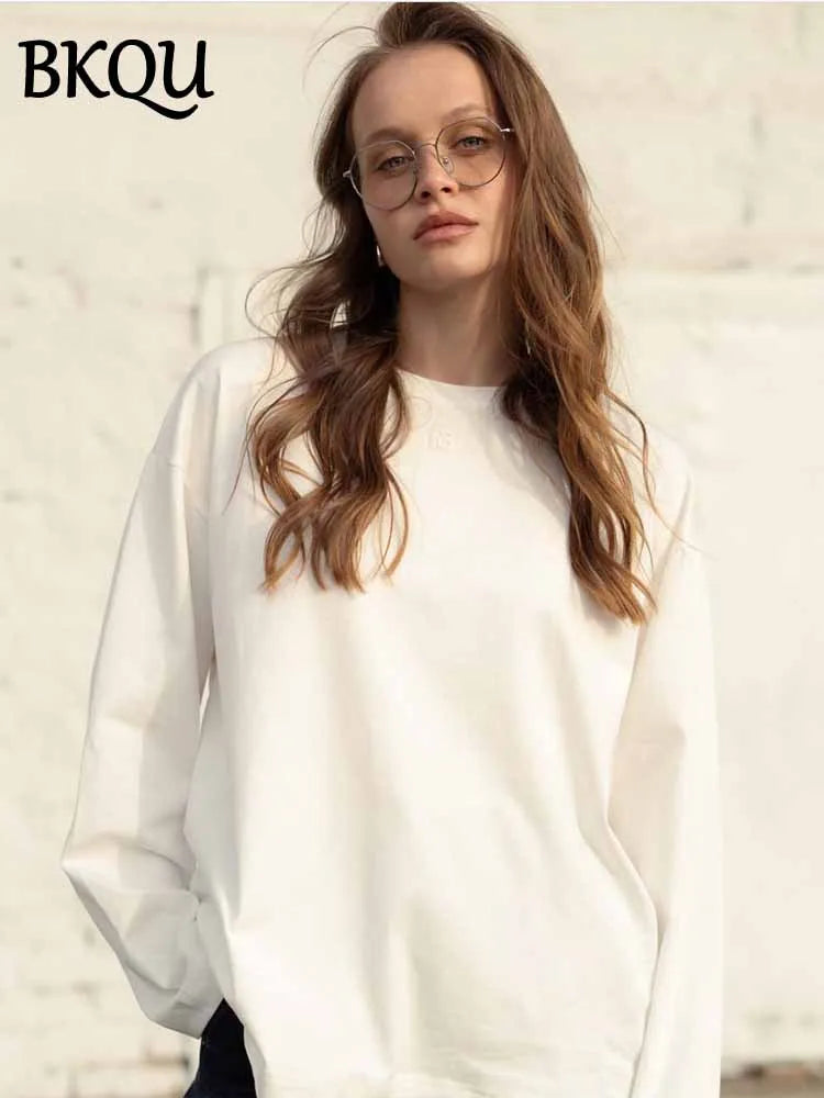 BKQU Solid Color Long Sleeve T Shirt Women Oversized Basic O-neck Cotton Tops Female Casual Soft Loose Pullover Tshirt 13 Colors