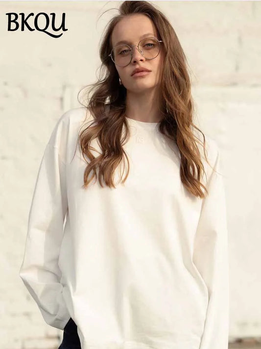 BKQU Solid Color Long Sleeve T Shirt Women Oversized Basic O-neck Cotton Tops Female Casual Soft Loose Pullover Tshirt 13 Colors