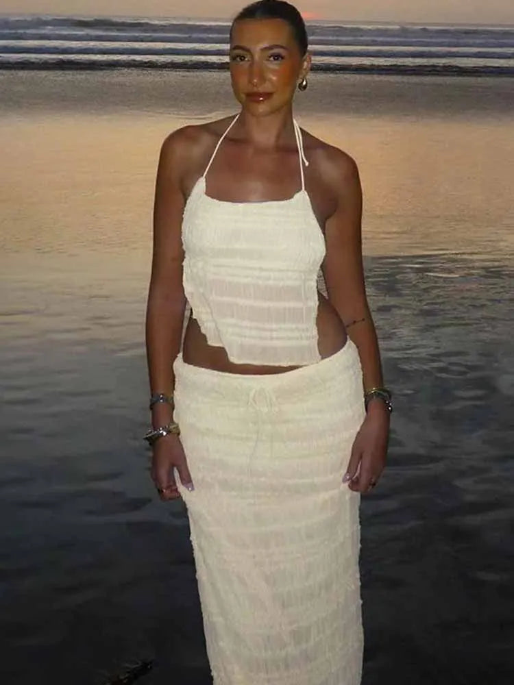 BKQU Ruched Sexy Backless 2 Pieces Beach Holiday Outfits Women Halter Lace-Up Crop Tops Elegant Long Skirts Matching Set 2025