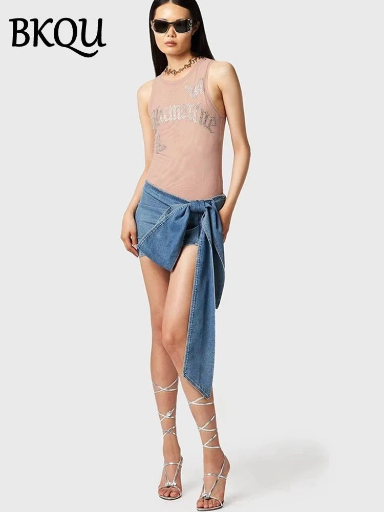 BKQU Women's Micro Skirts Summer Bow Design High Waist Denim Mini Skirts 2024 Sexy Party Nightclub A-line Wrap Penceil Skirt