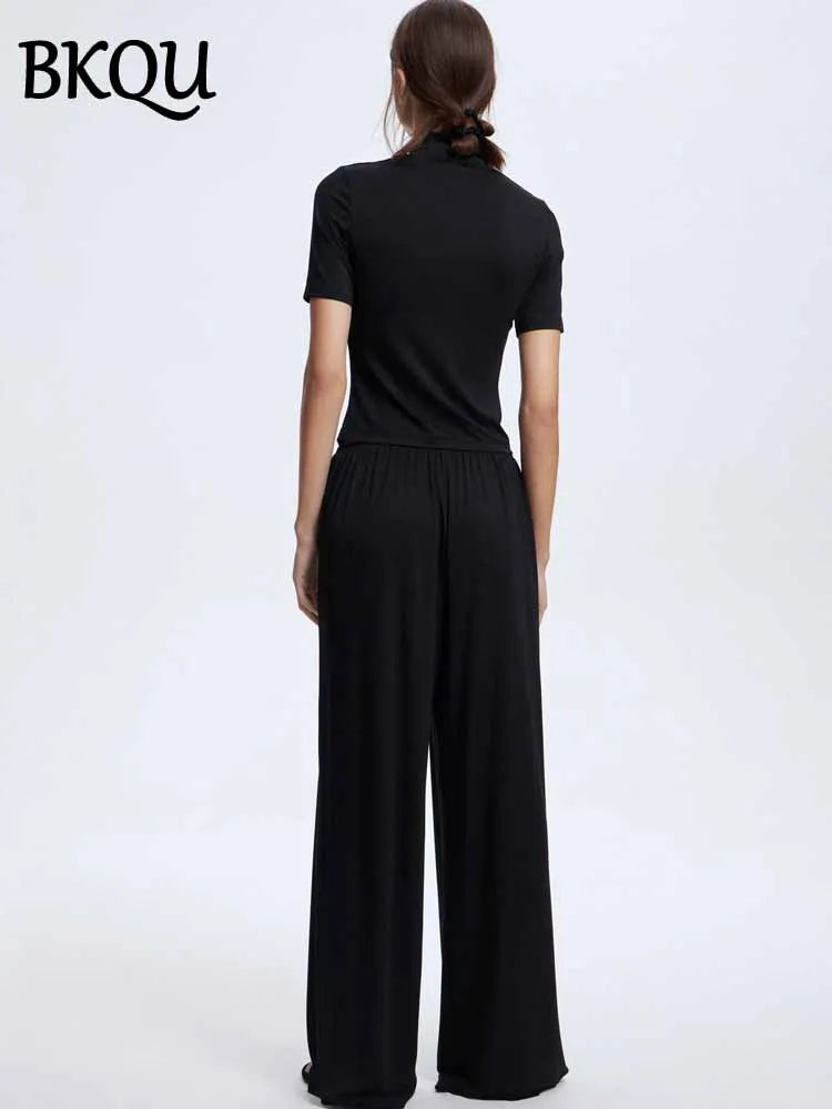 BKQU Women 2 Pieces Pant Sets Loungewear Modal Soft Short Sleeve Crop Tops and Elastic Wide Leg Pants Outfits Sleepwear Homewear