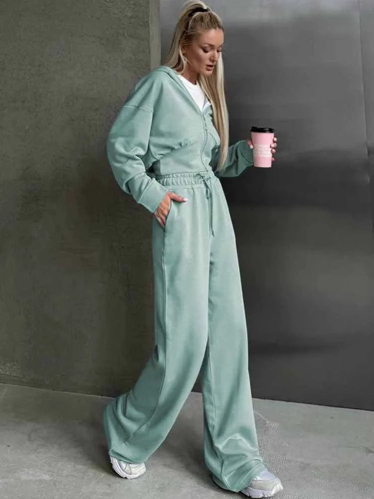 BKQU Casual Hoodies Tracksuit Women Pants 2 Piece Set Long Sleeve Zipper Sweatshirt Loose Drawstring Jogger Trouser Sports Suit