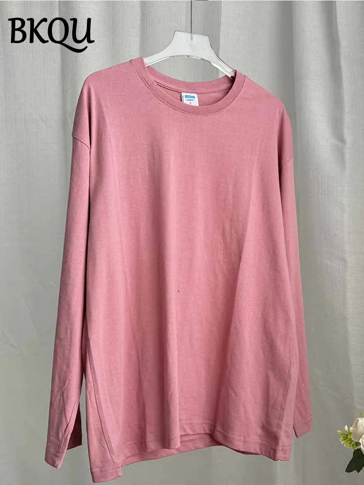 BKQU Solid Color Long Sleeve T Shirt Women Oversized Basic O-neck Cotton Tops Female Casual Soft Loose Pullover Tshirt 13 Colors