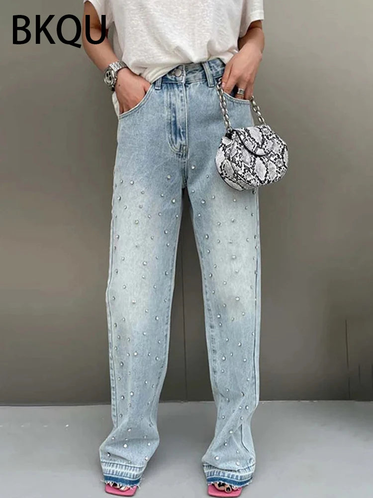 BKQU Wide Leg Straight Jeans for Women 2024 Korean Rhinestones Design Blue High Waist Baggy Pants Female Diamonds Shinny Trouser