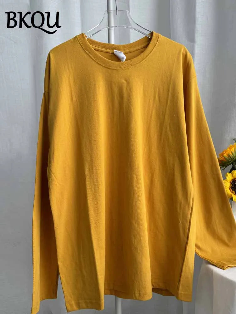 BKQU Solid Color Long Sleeve T Shirt Women Oversized Basic O-neck Cotton Tops Female Casual Soft Loose Pullover Tshirt 13 Colors