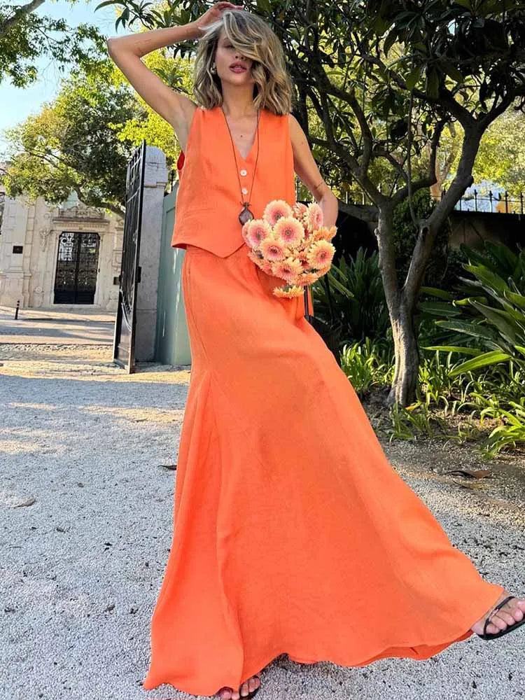 BKQU Cotton Linen Elegant Waistcoat Long Skirt Sets Womem Summer V-neck Sleeveless Top Casual Loose Dress 2 Piece Holiday Outfit