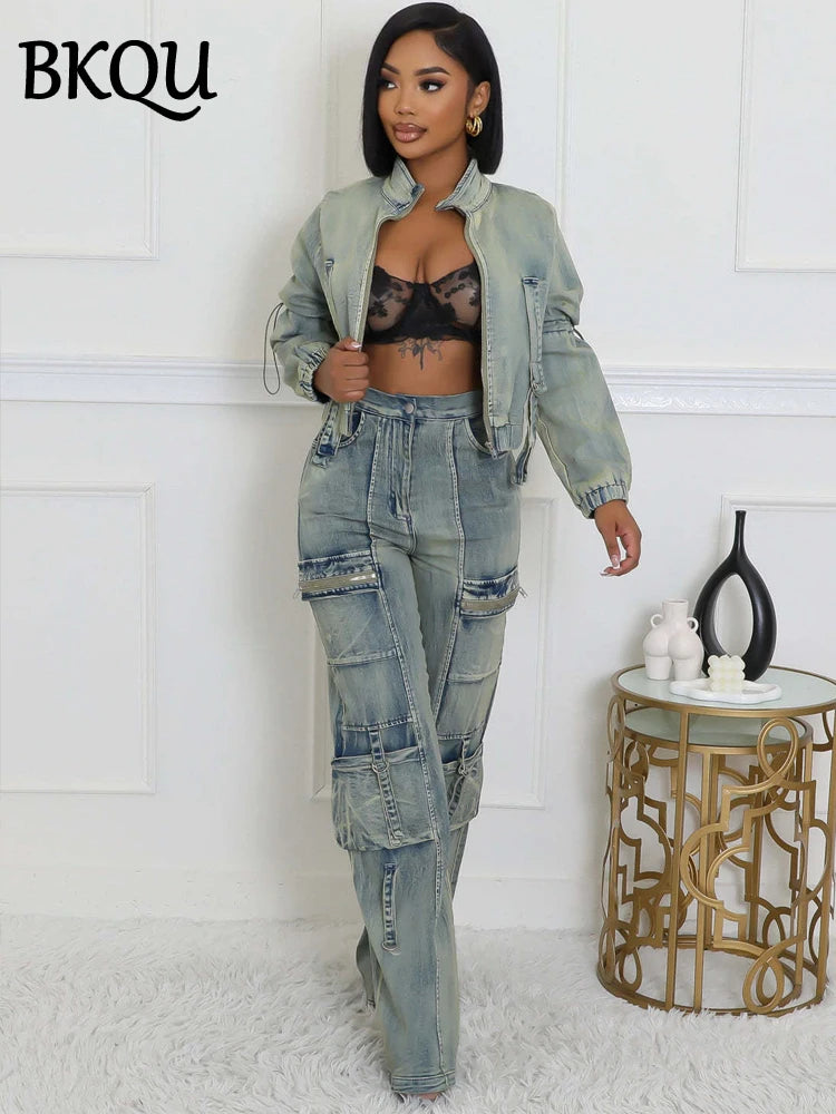 BKQU Cargo Denim Pants Two Piece Sets Women Long Sleeve Zipper Short Jacket Multi-Pocket Straight Jeans Retro High Street Outfit
