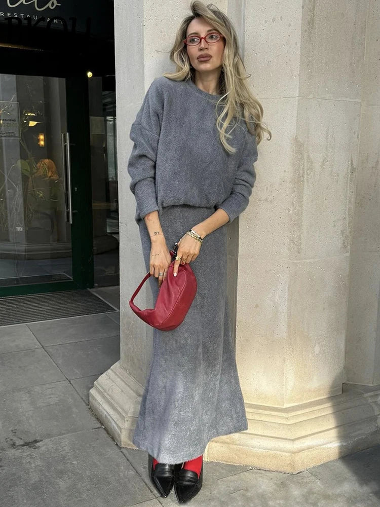BKQU Warm Knitted Skirt Two Pieces Women Sets Autumn Winter O-Neck Sweater High Waist Long Skirt Elegant Soft Party Outfits 2024
