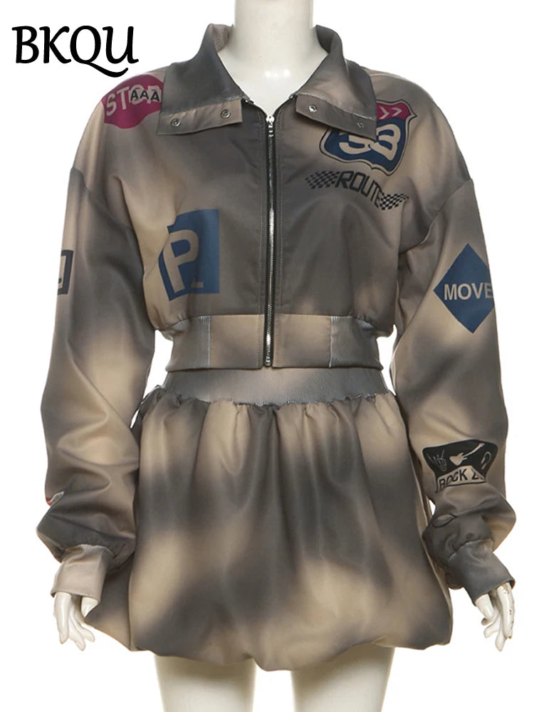 BKQU Vintage Tie Dye 2 Piece Set Women Letter Print Zip Crop Jacket and Puffy Mini Skirt Outfits Fashion Matching Y2K Streetwear