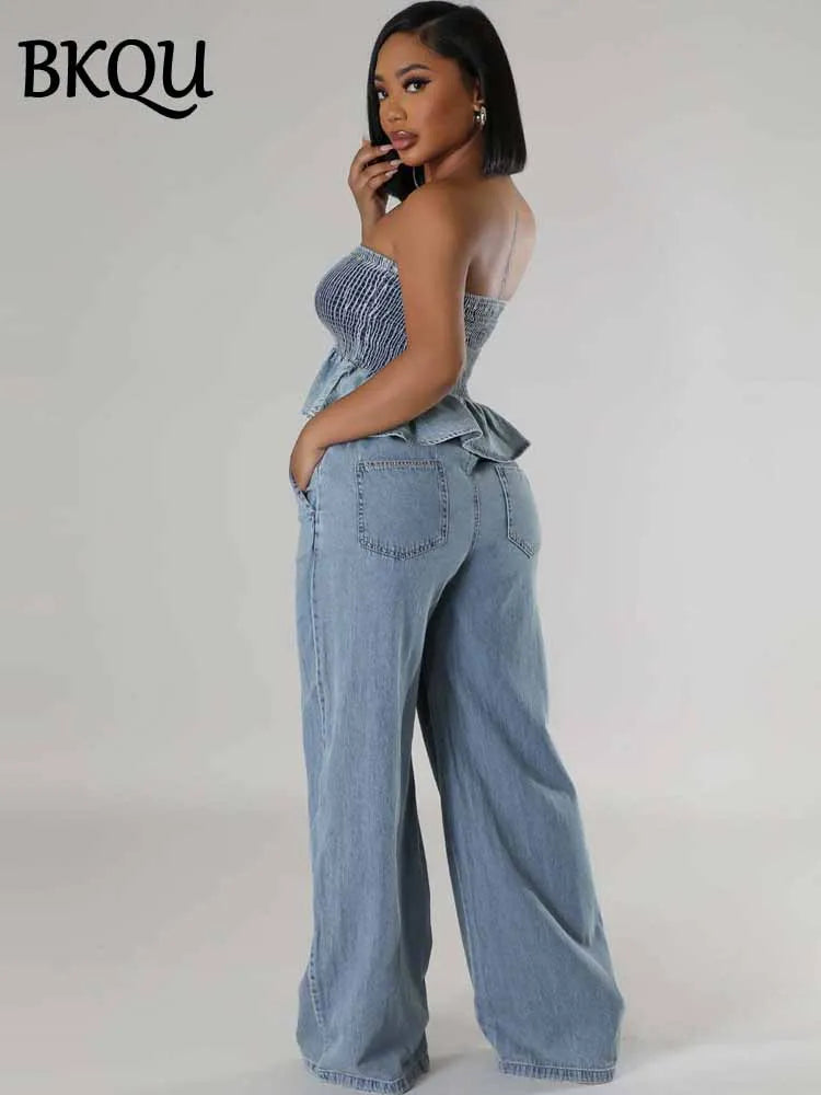 BKQU Denim Women Two Pieces Elegant Strapless Ruffles Top And Wide Leg Pants Matching Set 2025 Fashion Elastic Blue Jeans Outfit