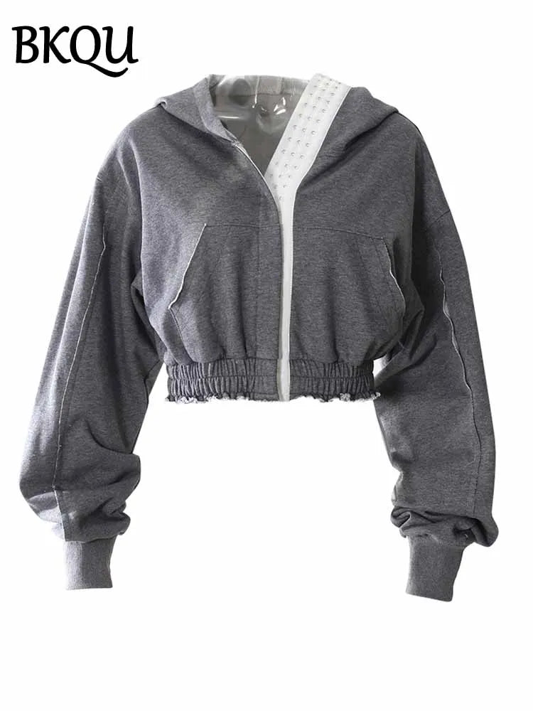 BKQU Hoodies Tracksuit Women Pant Sets Contrast Color Long Sleeve Sweatshirt Coat High Waist Pockets Wide Leg Pants 2 Pieces Set