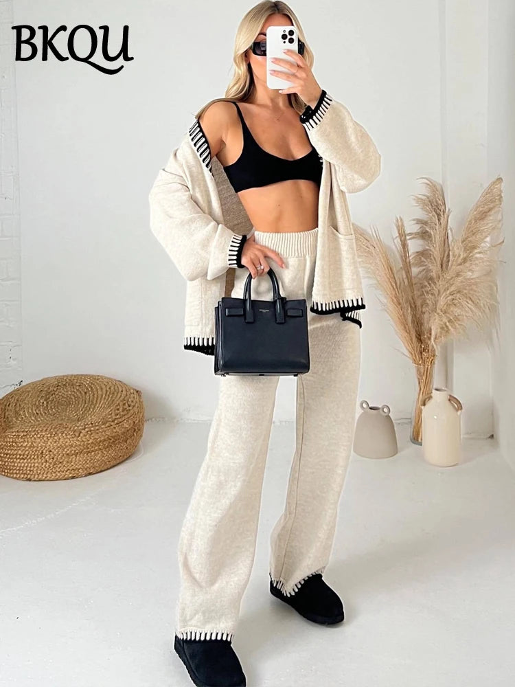 BKQU Knitted Two Piece Sets Women V-neck Button Cardigan Sweater Casual Wide Leg Pants Suits Autumn Winter Lady Tracksuit Outfit